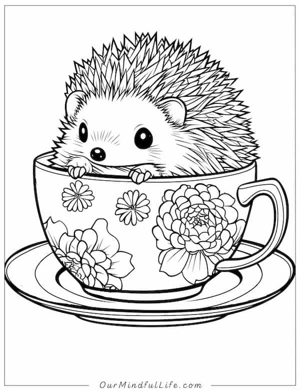 Hedgehog in a teacup coloring page