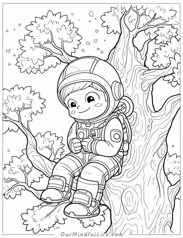 Little astronaut on the tree coloring page