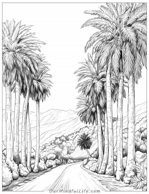 Palm trees along the road coloring page