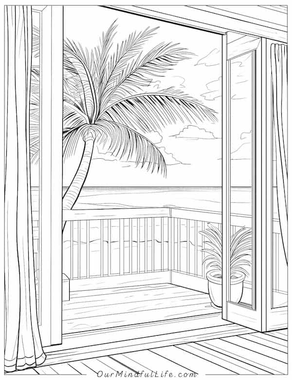 Patio overlooking the beach coloring page