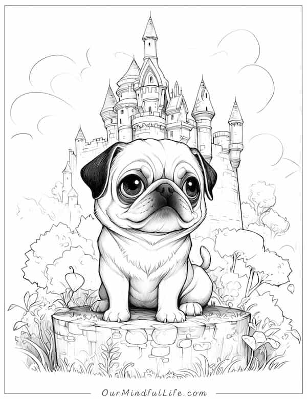 Pug and its castle coloring page