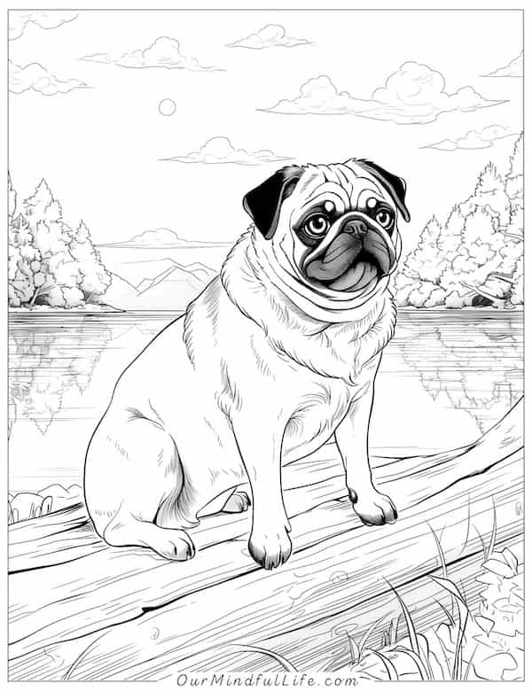 Pug by the lake coloring page