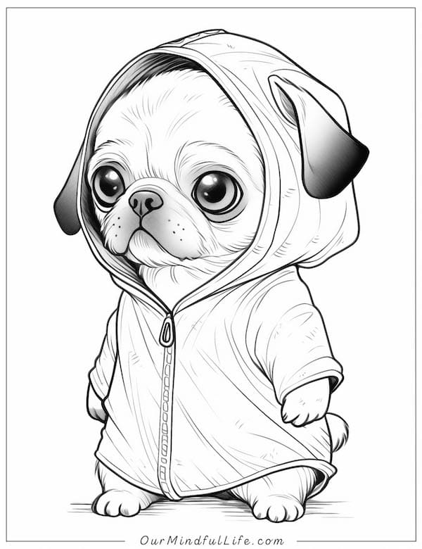 Pug in a hoodie coloring page
