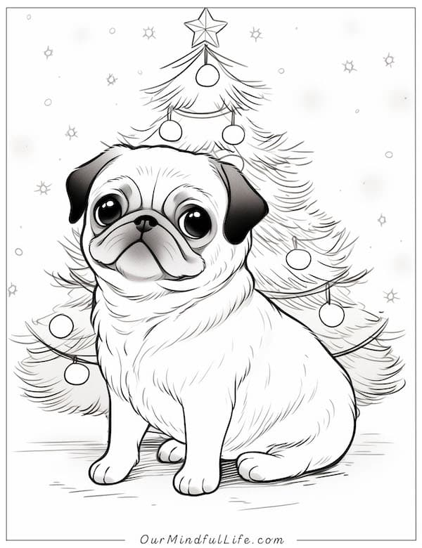 Pug under the Christmas tree coloring page