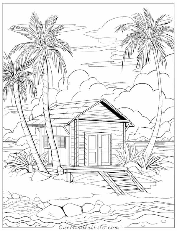 Realistic beach house coloring page