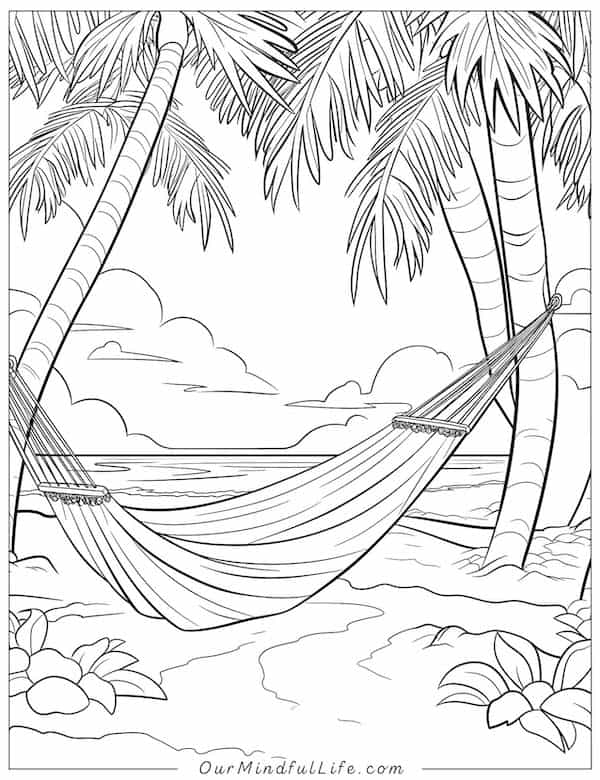 Relaxing hammock and beach coloring page