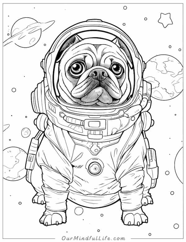 Space pug coloring page