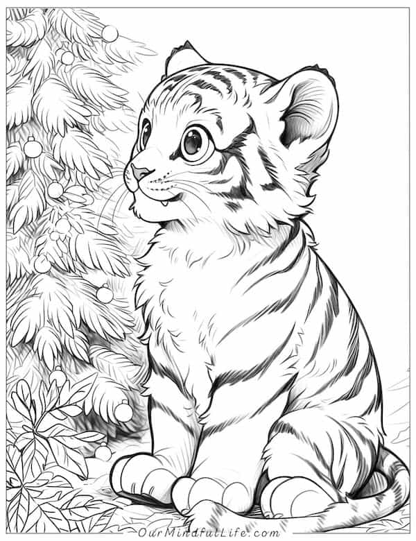 Tiger by the Christmas tree coloring page