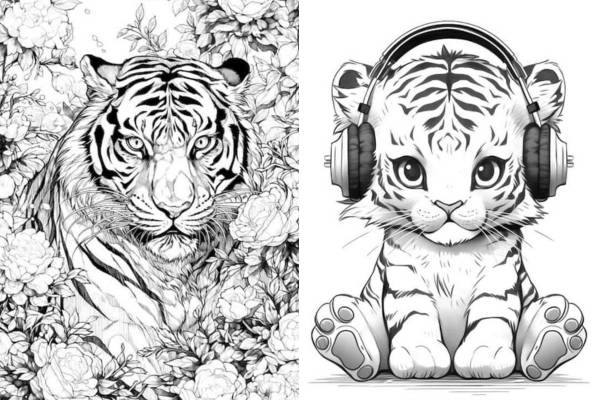 Tiger coloring pages for kids and adults