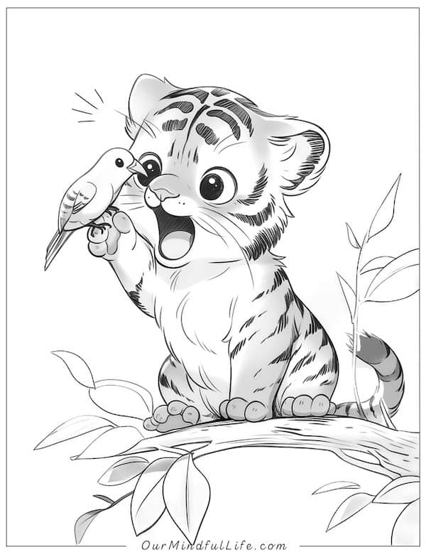 Tiger playing with a bird coloring page