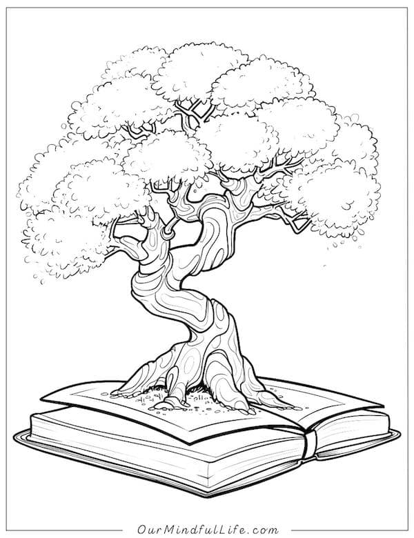 Tree and book fantasy coloring page