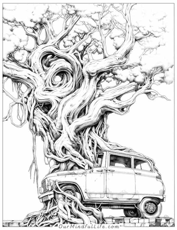 Tree growing out from an abandoned car