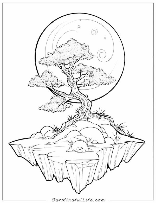 Tree on a floating rock coloring page