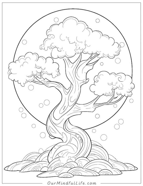 Whimsical tree coloring page
