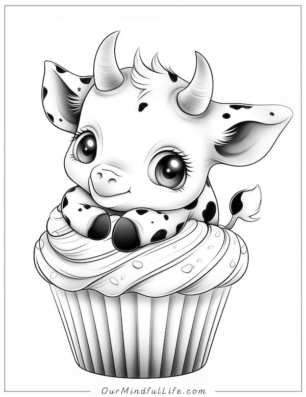 Baby cow cupcake coloring page
