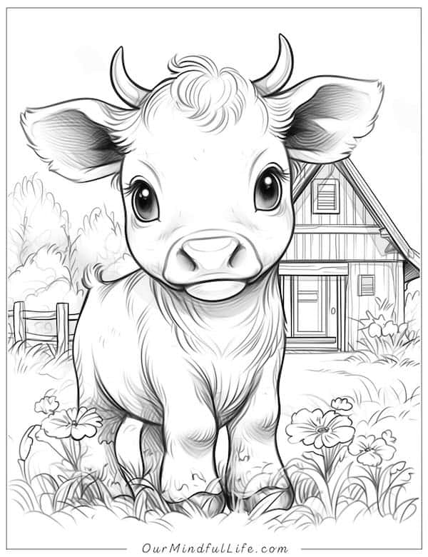 Baby cow on the farm coloring page