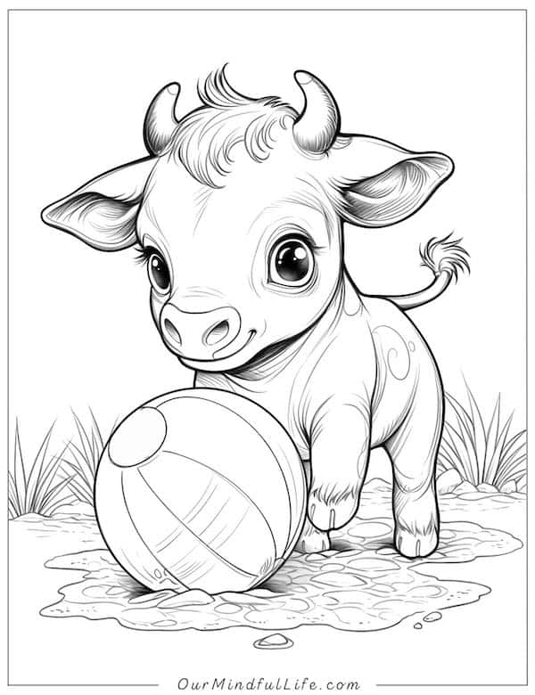 Baby cow playing beach ball coloring page