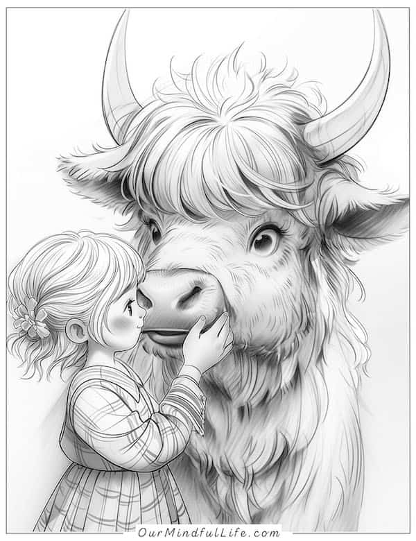 Baby girl and highland cow coloring page