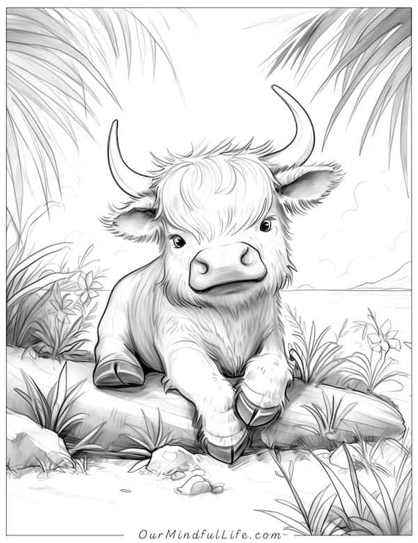 Baby highland cow on the beach coloring page