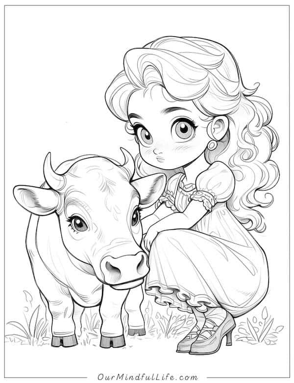 Baby princess and cow coloring page