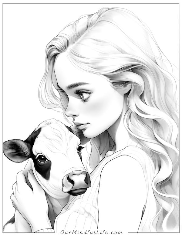 Barbie and baby cow coloring page
