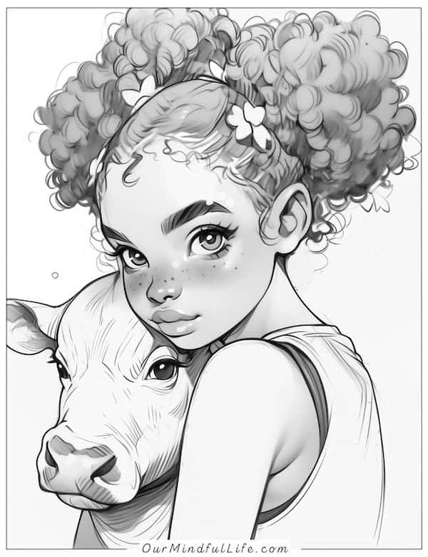 Black girl and her pet cow coloring page