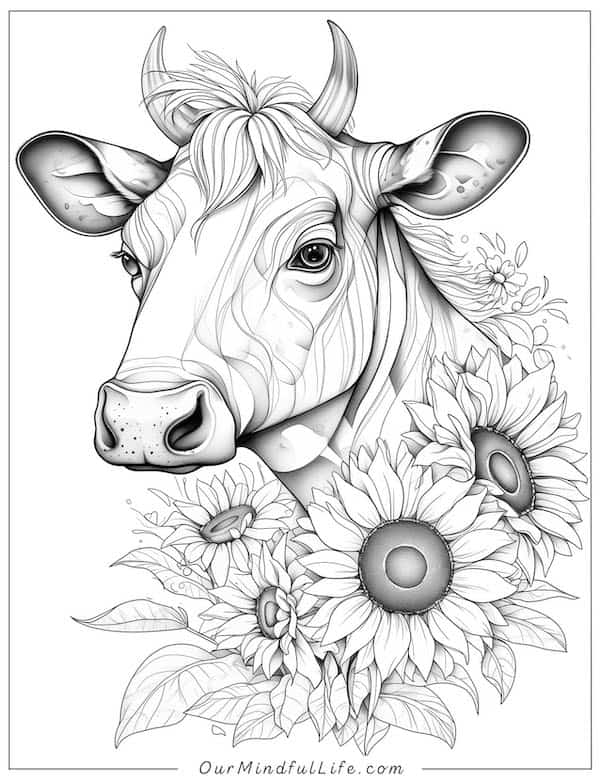 Cow and sunflowers coloring page