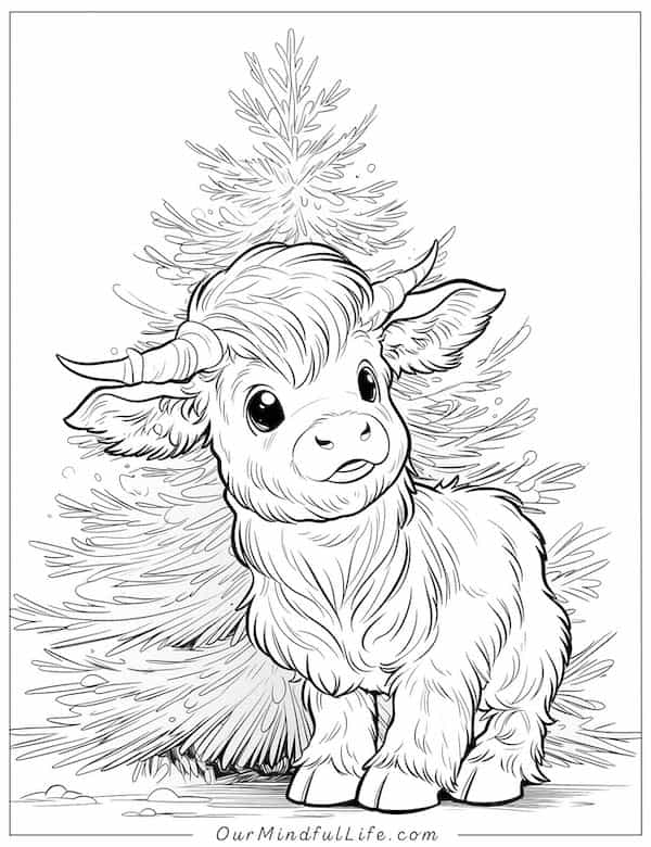Cow calf by the Christmas tree coloring page