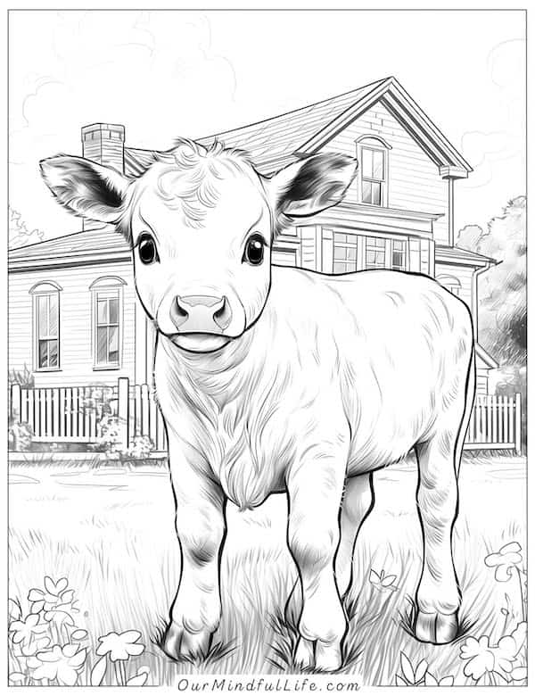 Cow calf in front of a farmhouse coloring page