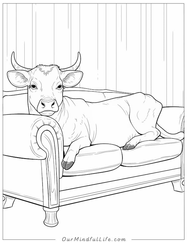 Cow chilling on a sofa coloring page