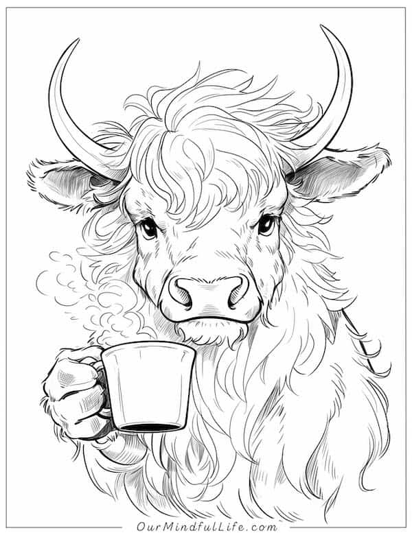 Cow drinking tea coloring page