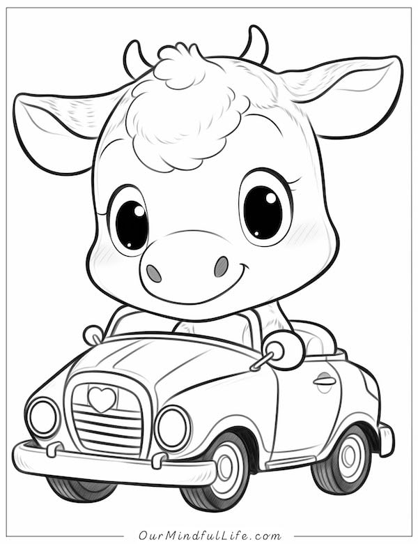 Cow driving a car coloring page