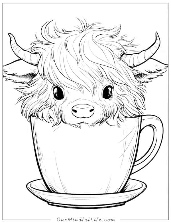 Cow in a coffee mug coloring page