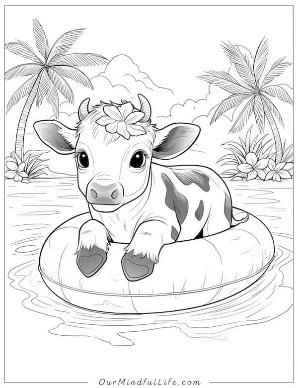 Cow on a tropical island coloring page