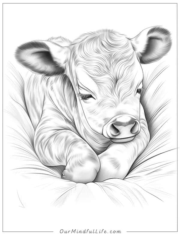Cow sleeping on a bed coloring page