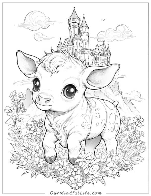 Cute cow calf and castle coloring page