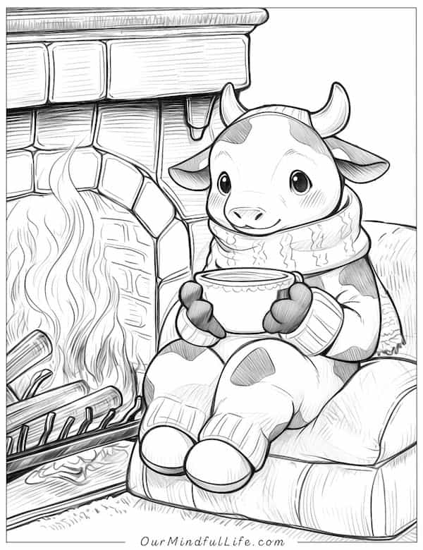 Cute cow chilling by the fireplace coloring page