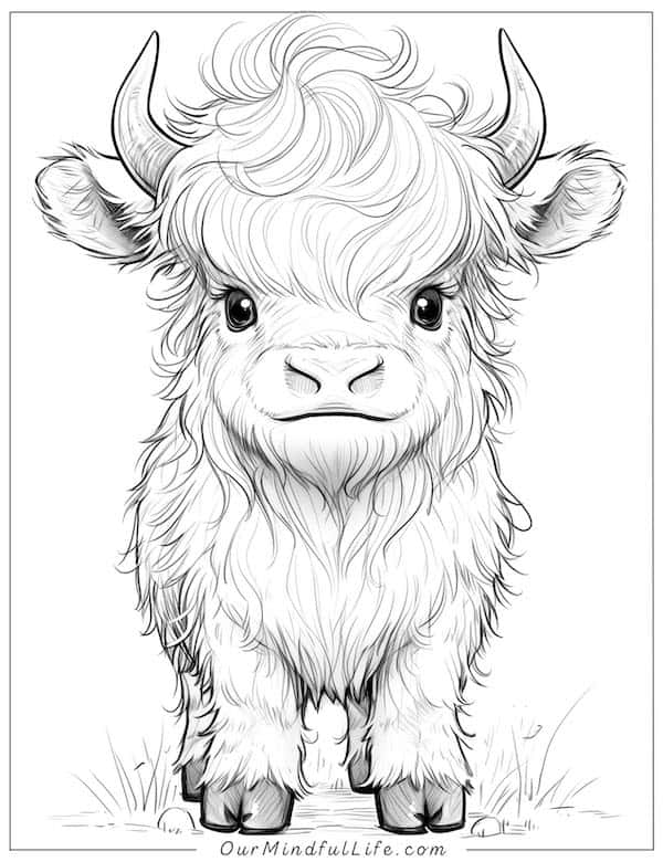 Cute highland cow calf coloring page