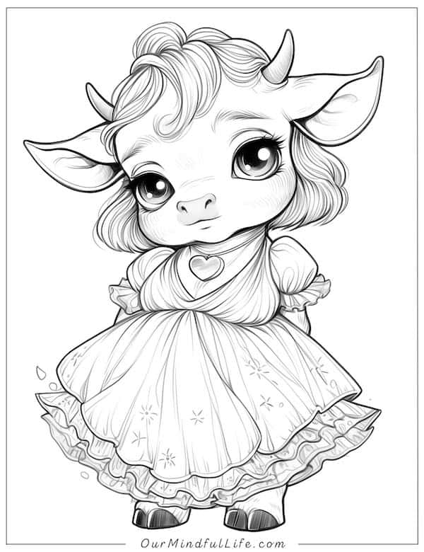 Cute little cow girl in a dress coloring page