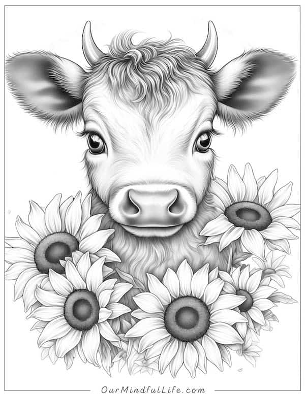 Greyscale cow with sunflowers coloring page