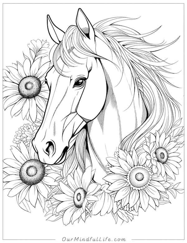 Horse and sunflowers coloring page