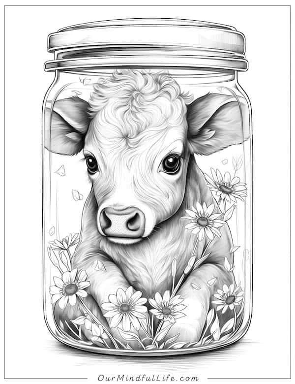 Intricate cow in a jar coloring page
