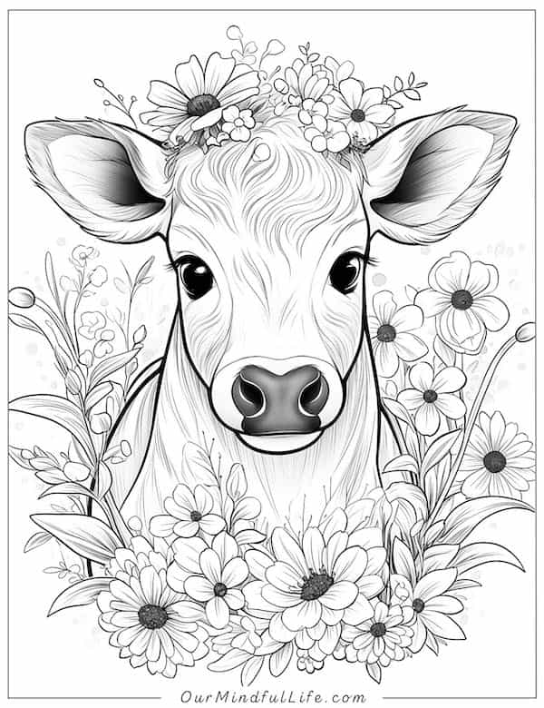Intricate floral cow coloring page