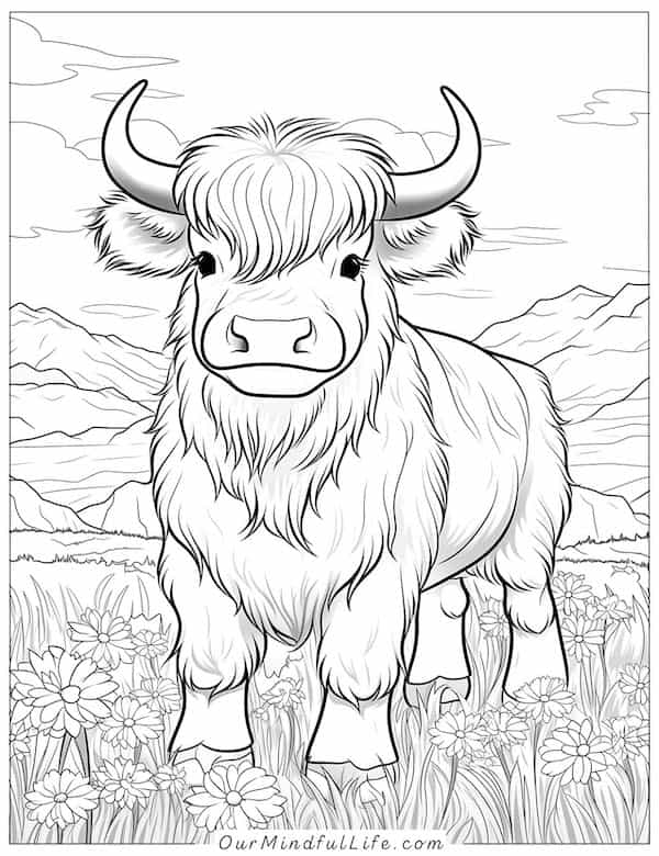 Intricate highland cow coloring page