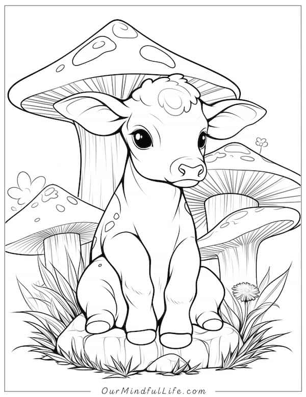Little cow in the mushroom forest coloring page