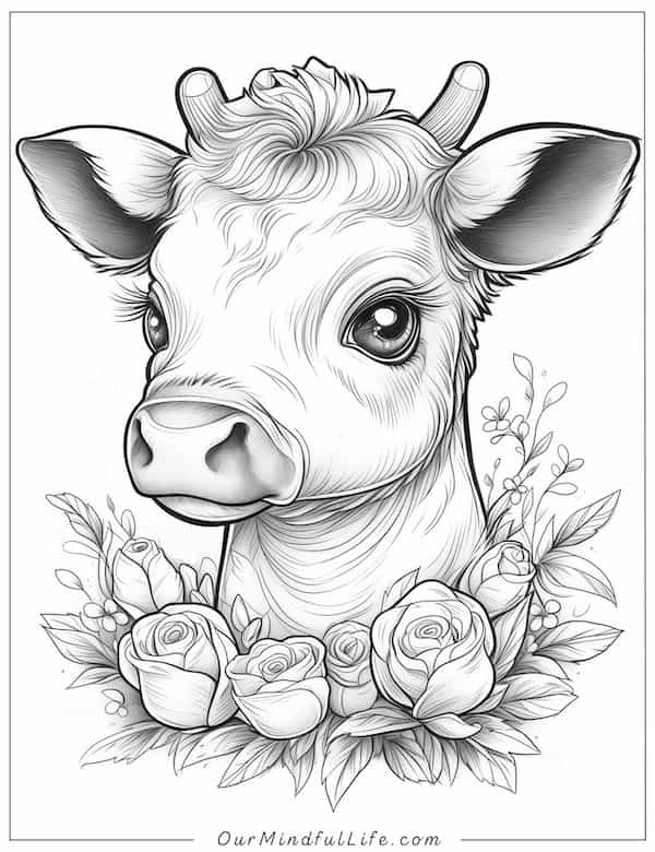 Roses and cow coloring page