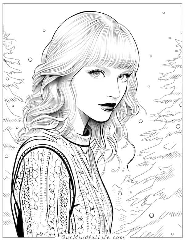 Taylor Swift by the Christmas trees coloring page