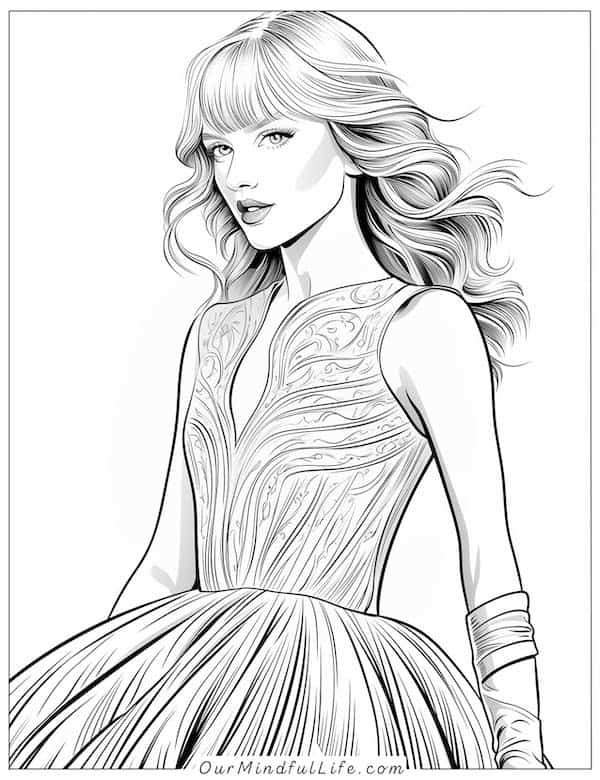 Taylor Swift in a gorgeous dress coloring pages
