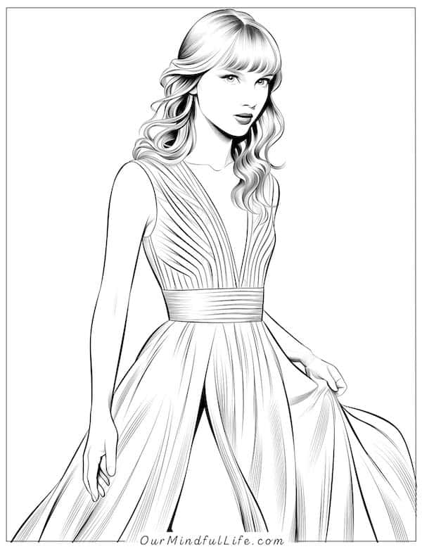 Taylor Swift in a gorgeous dress coloring page
