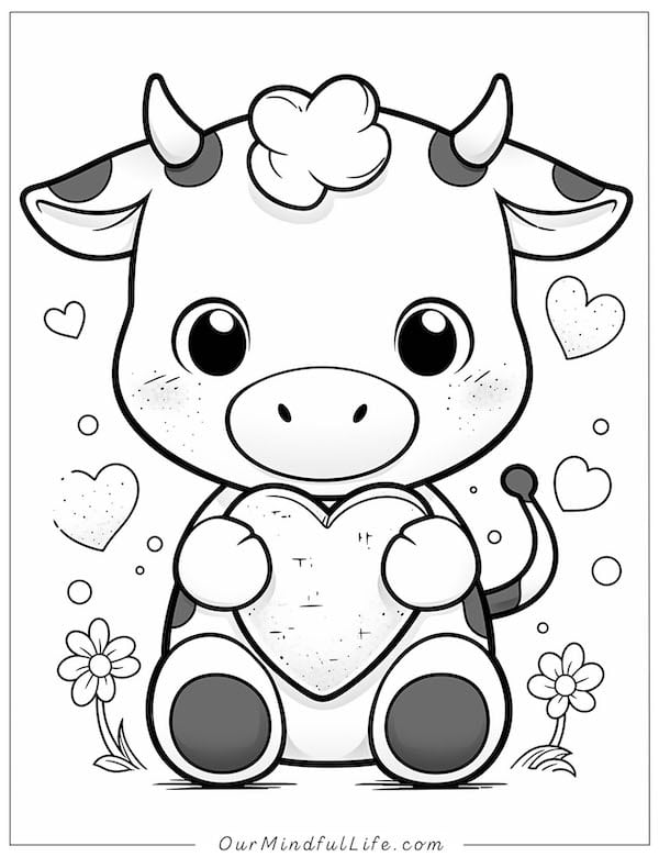 Valentine's Day cow coloring page